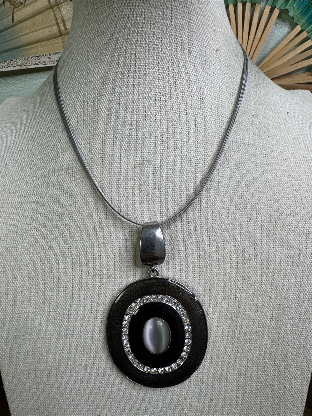 Silver-Tone Black Pendant Necklace with Crystal Accent